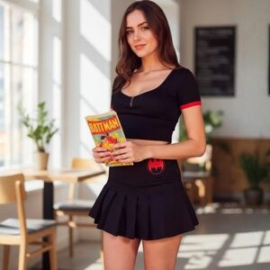 You Summoned Me Pleated Mini Skirt – by DC Black Red Batman Logo Gothic S